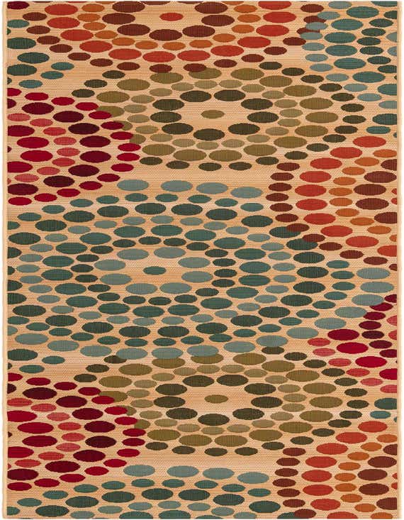 A 10 ft runner rug with a modern abstract pattern of multi-colored circles in shades of brown, red, green, and teal on a cream background, ideal for a hallway or patio.