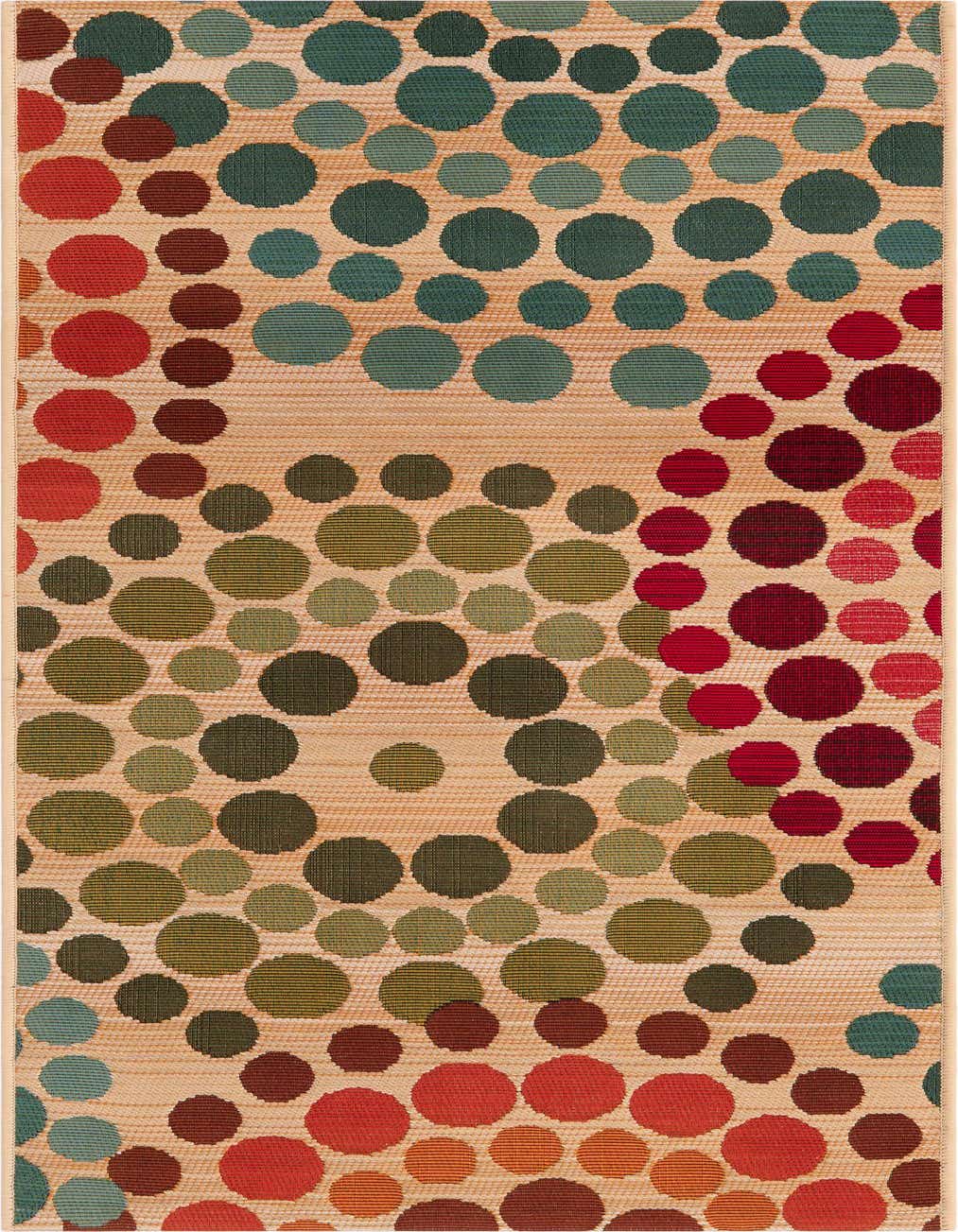 A 4 Ft runner rug with a modern abstract pattern of various sized circles in shades of red, green, and brown on a beige background.