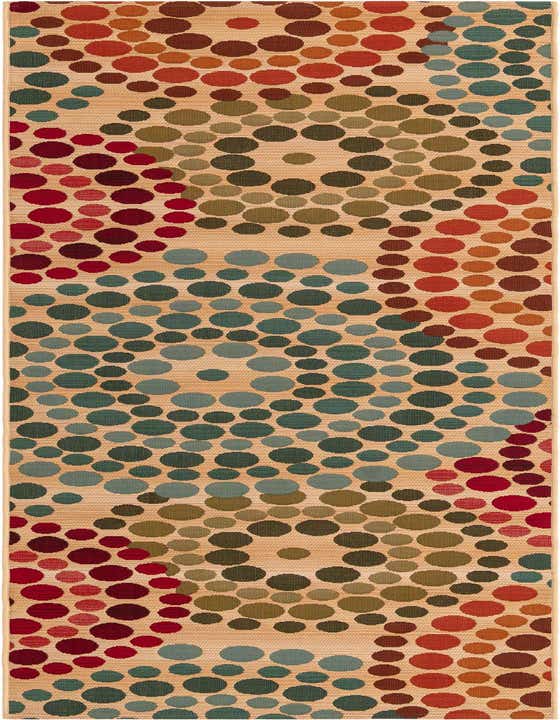 An 8 ft runner rug with a modern abstract pattern of various sized brown, red, teal, and olive green circles on a cream background.