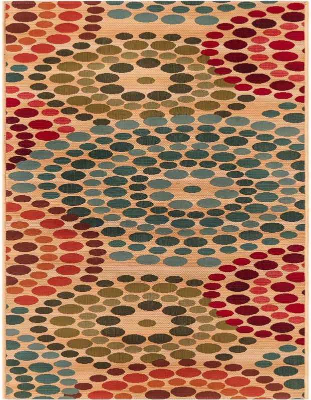 A 9 ft runner rug with a modern abstract pattern of various sized circles in shades of brown, tan, red, and teal on a cream background, suitable for a hallway or patio.