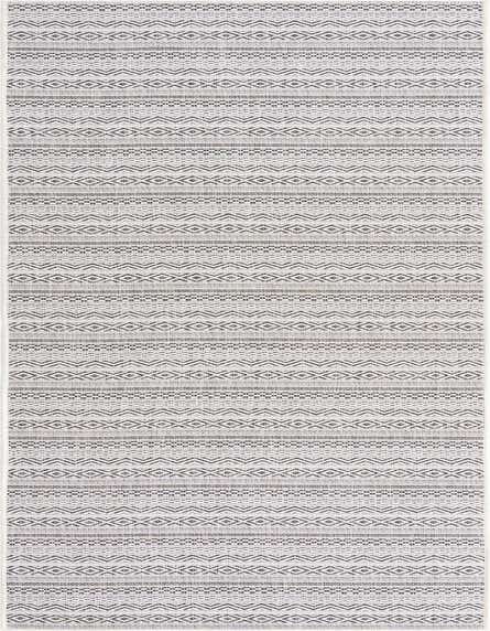 A 12 ft runner rug featuring a tribal pattern with alternating brown and ivory geometric stripes, suitable for a hallway or patio.