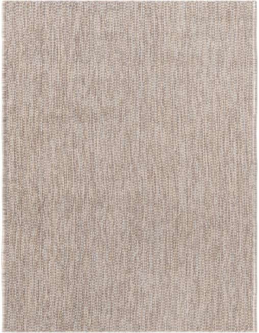 A close-up view of an 8 ft runner rug from the Rugs.com Outdoor Solid collection, featuring a textured flatweave pattern in shades of brown and tan.