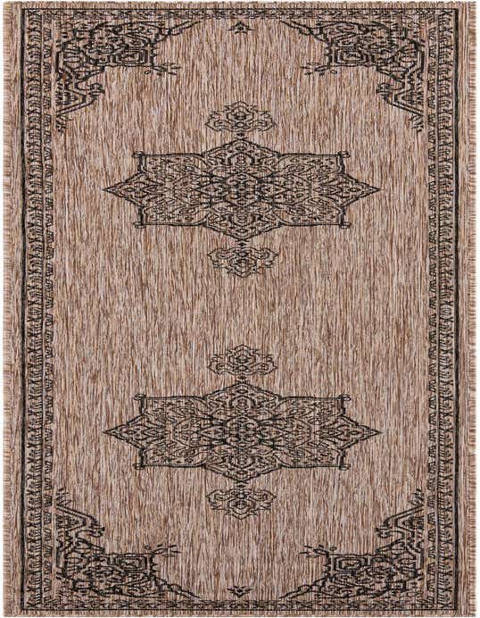 A 10 ft runner rug with a brown and tan flatweave texture, featuring black traditional medallion patterns and a decorative border.