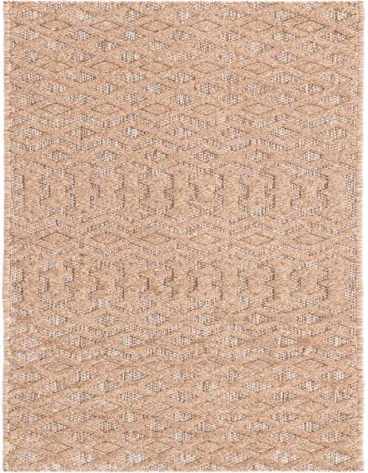 A long 8 ft runner rug in shades of brown and tan with an ivory tribal trellis pattern, suitable for a hallway or patio.