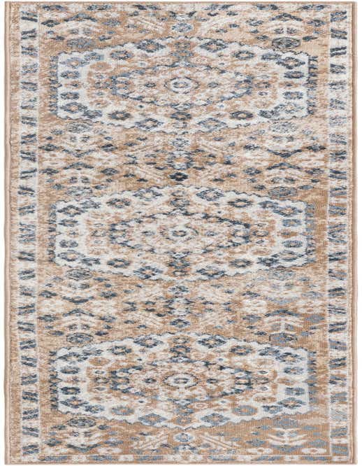 An 8 ft runner rug with a distressed medallion and bohemian pattern in shades of brown, tan, ivory, and blue, ideal for a hallway or kitchen.