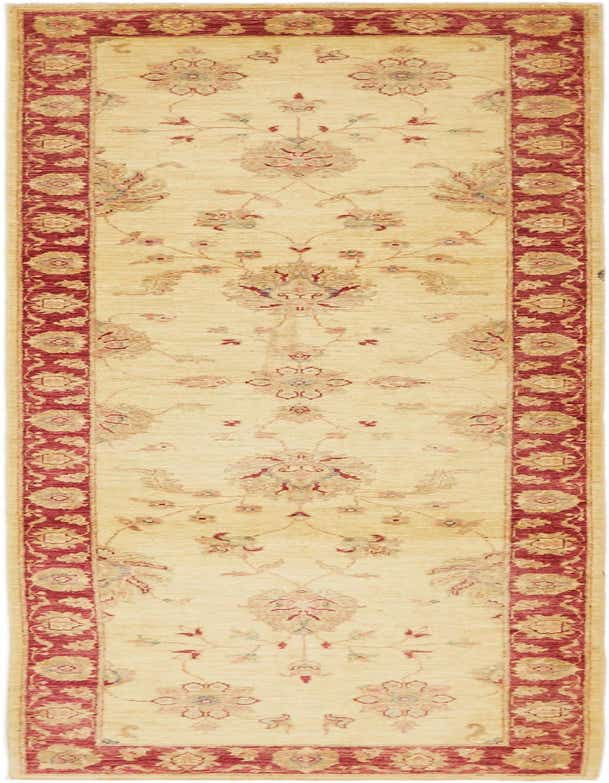 A 10 ft runner rug with a cream background and a traditional botanical pattern in muted browns, tans, and ivories, framed by a rich red border.