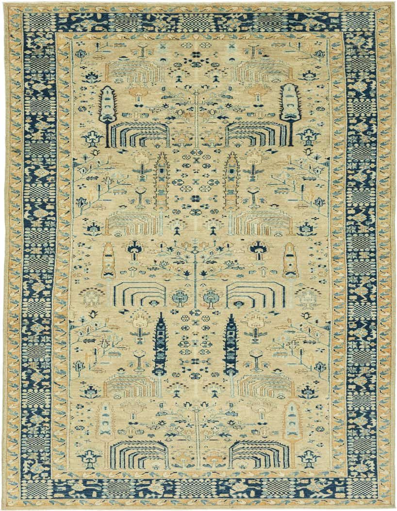 A 15 ft runner rug featuring a Southwestern and Tribal pattern in shades of brown, tan, ivory, and cream with a prominent navy border.