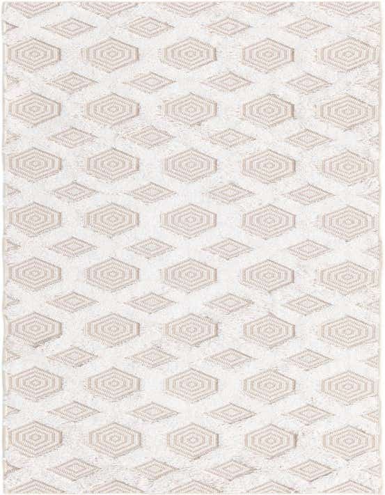 An 8 ft runner rug with a modern abstract pattern in brown and ivory, featuring textured geometric shapes.