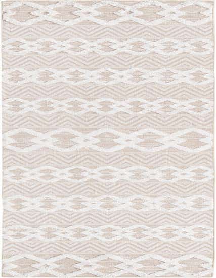 A 12 ft runner rug with a tribal, modern pattern in brown and ivory. The textured cotton rug features alternating bands of chevron and diamond patterns.