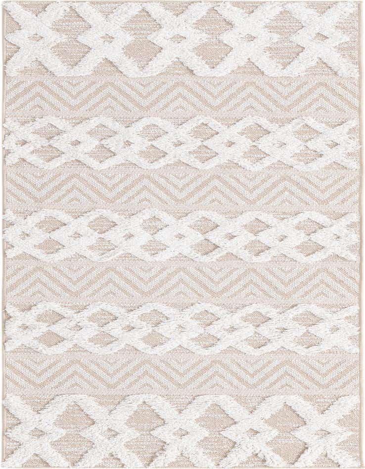 A 6 ft runner rug featuring a modern tribal pattern in alternating bands of textured cream diamonds and flatweave tan zigzags.