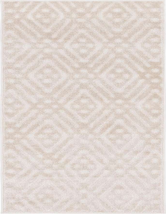 A 6 ft runner rug with a modern tribal trellis pattern in varying shades of brown, tan, and cream.