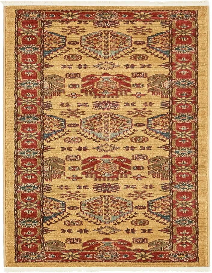 A 6 ft runner rug with a traditional tribal pattern in shades of brown, tan, and ivory, featuring red and blue accents.