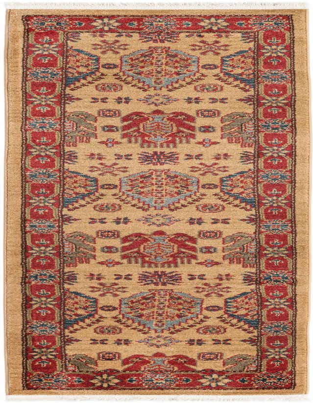 A 6 ft runner rug with a tan background and a traditional pattern in red, blue, and brown, suitable for a hallway or kitchen.
