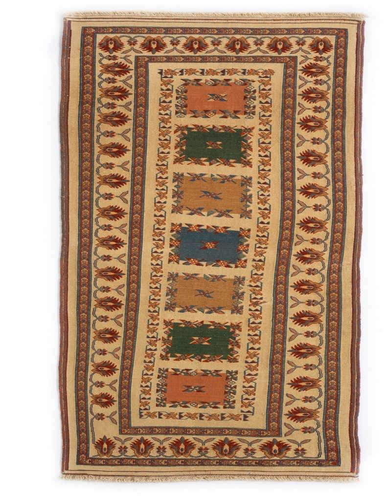 A handmade 8 ft Sumak Kilim runner rug with a tribal Persian pattern in browns, tans, ivories, and creams, ideal for a hallway.