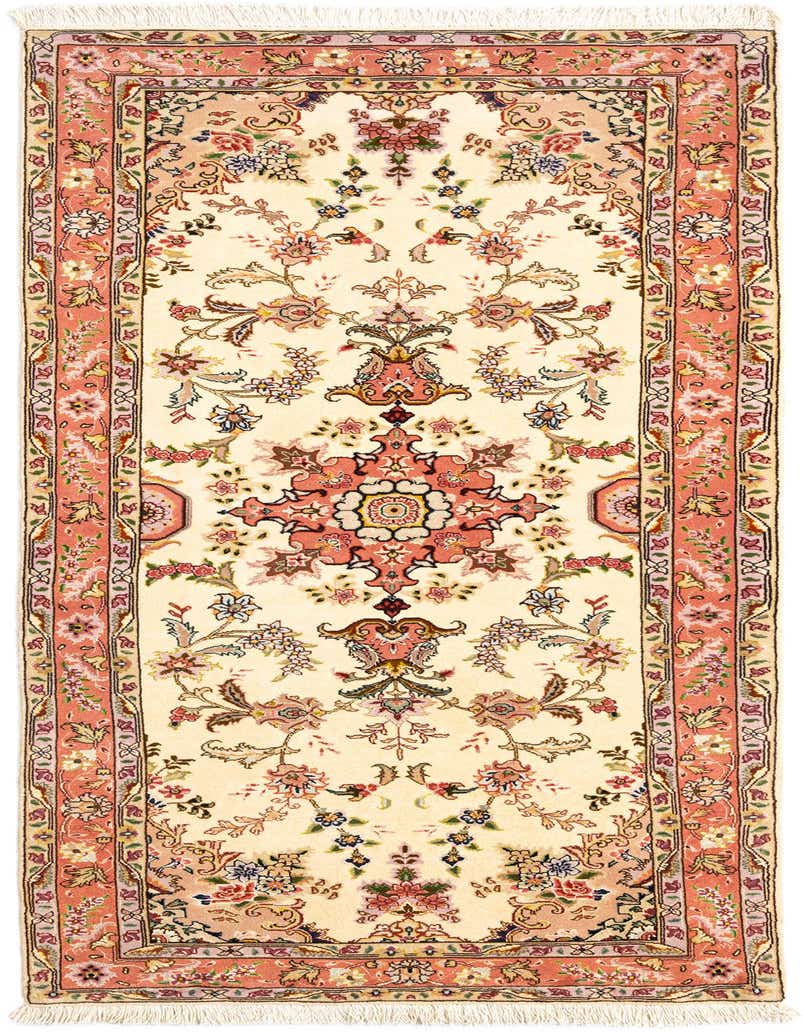 A 7 ft runner rug in a traditional Persian style, featuring a cream field with an ornate floral medallion and a peach-pink border.