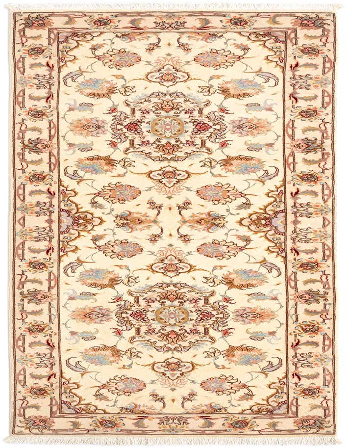A 7 ft runner rug in a traditional Persian style, featuring an ivory and cream background with intricate floral patterns in browns, tans, and muted blues.