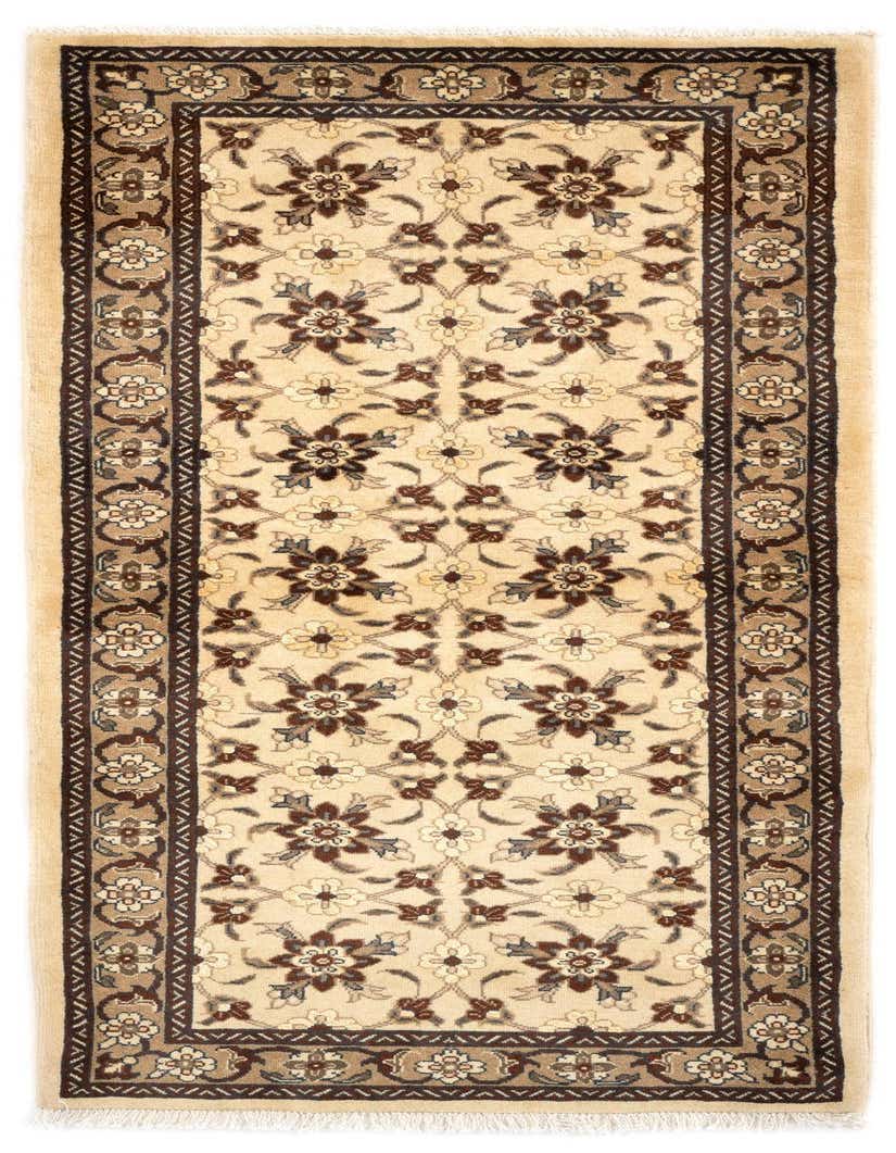 A 7 ft runner rug in cream with a traditional Persian floral pattern in browns and tans, ideal for a hallway.