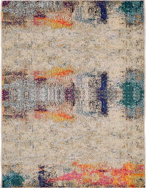 A 10 ft runner rug with an abstract, modern design in shades of brown, tan, ivory, cream, and vibrant pops of color.