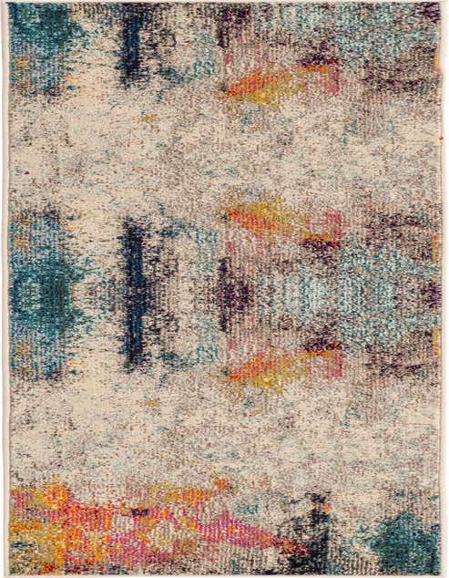A modern 8 ft runner rug with an abstract pattern in browns, tans, ivories, and creams, featuring colorful accents.
