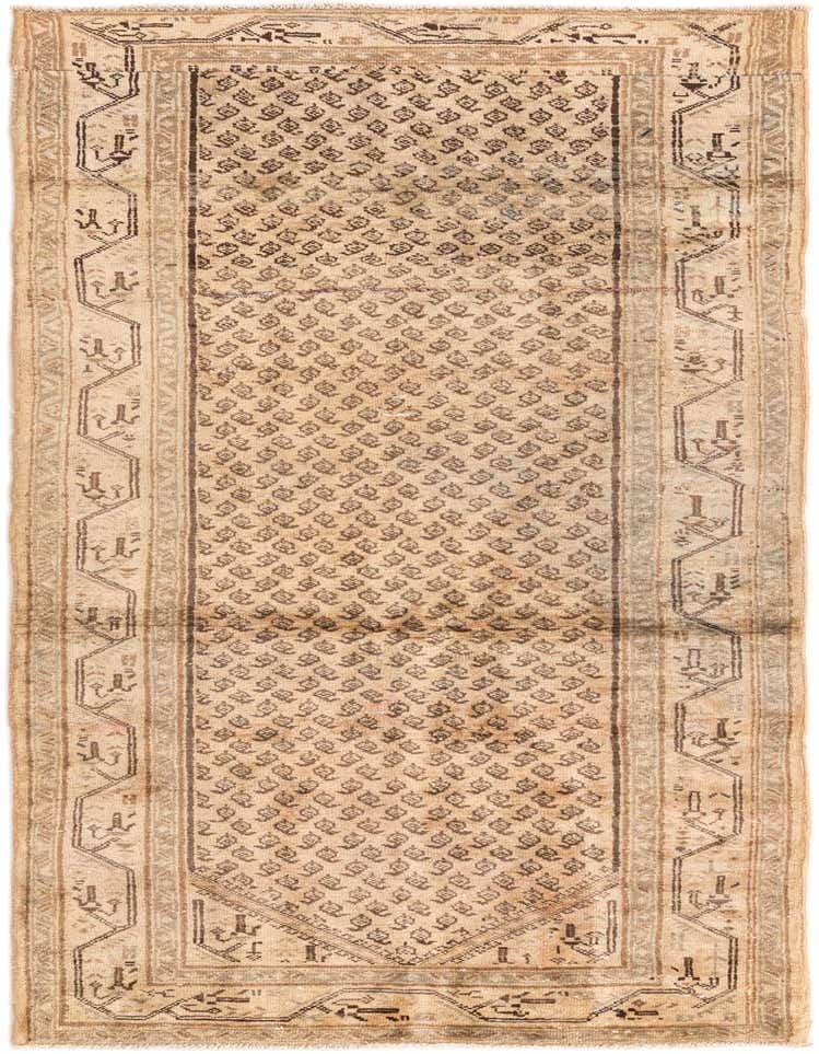 A 9 ft Ultra Vintage runner rug in brown and tan, featuring a traditional Persian pattern with a flat pile, ideal for hallways.
