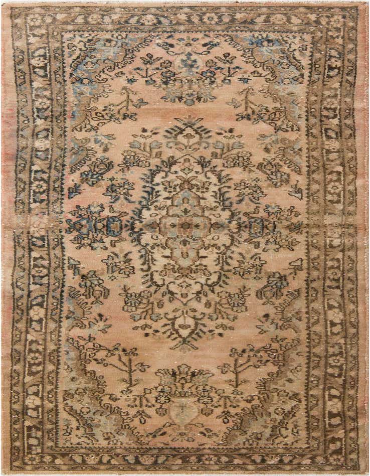 A 10 ft runner rug in shades of brown, tan, and cream with a distressed Persian medallion pattern, ideal for a hallway.