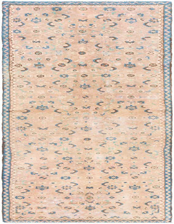 A 9 ft runner rug in shades of brown, tan, and cream with a distressed Persian pattern and blue border, ideal for a hallway.