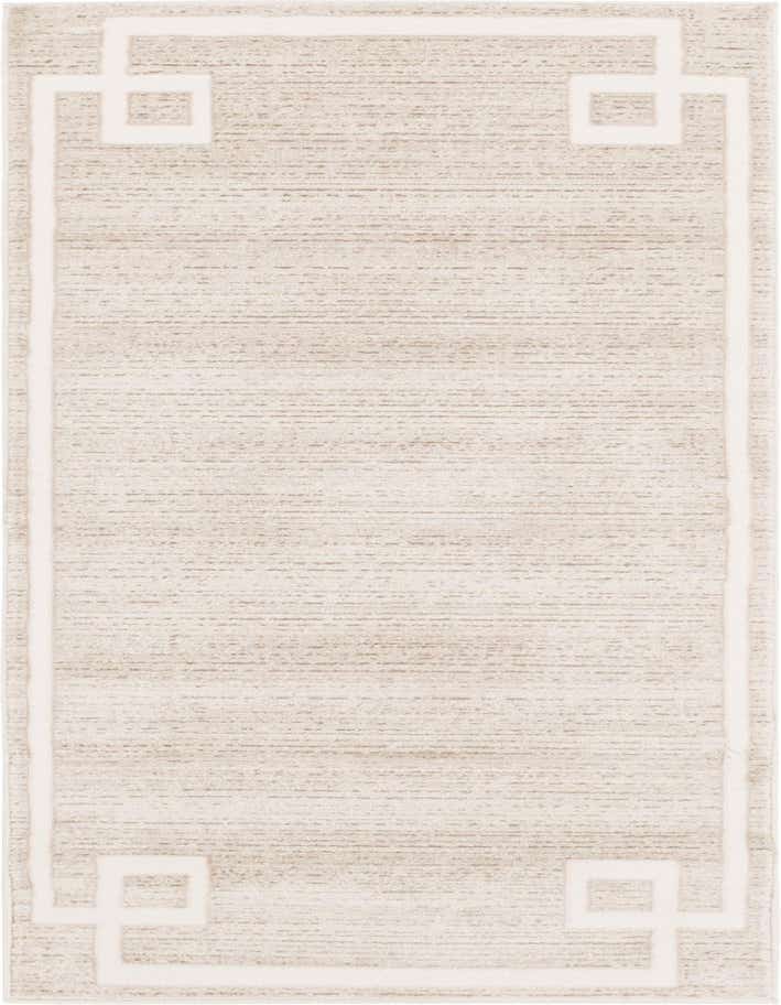 A 6 ft runner rug with a textured beige and tan field, framed by a cream Greek key border pattern.