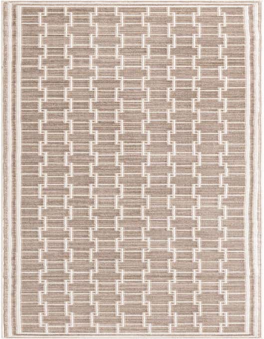 A 10 ft runner rug in shades of brown and tan with an interlocking modern geometric pattern in ivory, perfect for a hallway.