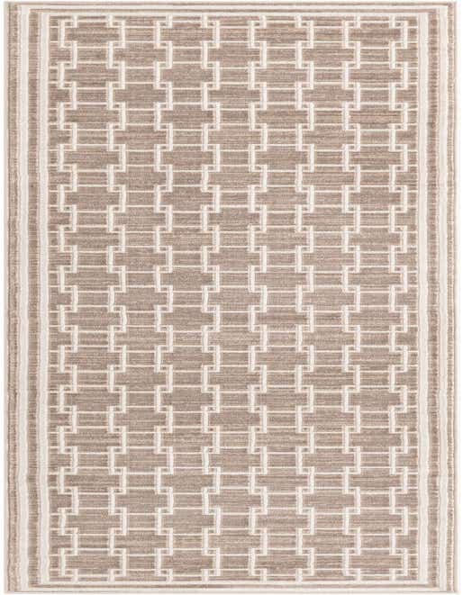 An 8 ft runner rug in shades of brown and tan with an ivory modern geometric interlocking square pattern and striped border.