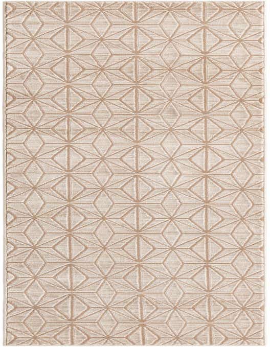 A 10 ft runner rug in shades of brown and tan with an interlocking modern geometric pattern, ideal for a hallway.
