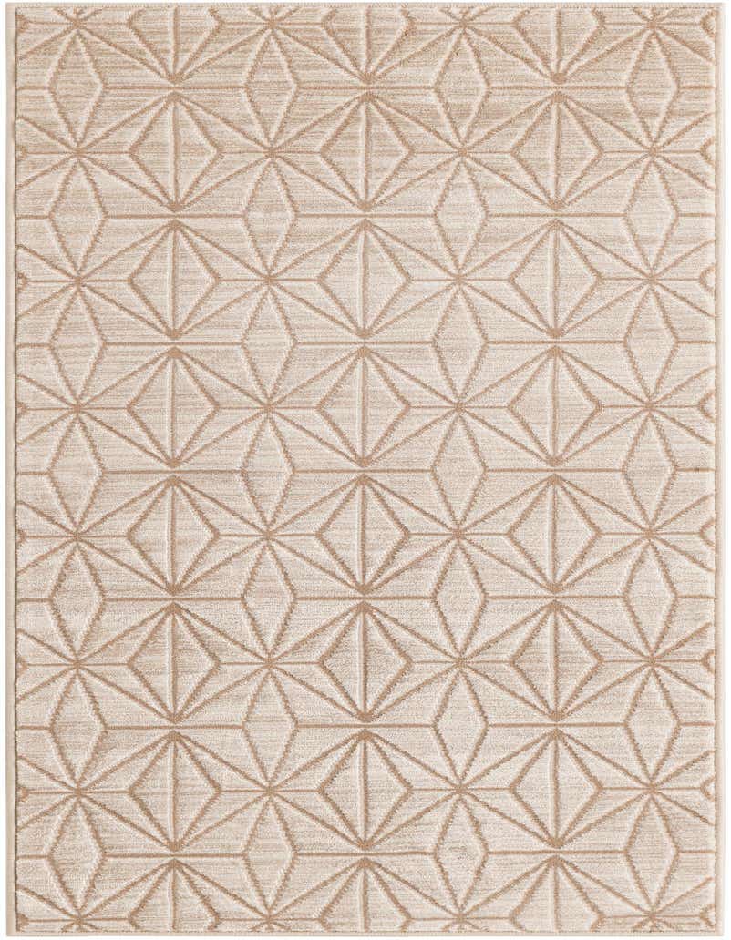 A 5 ft runner rug featuring a modern geometric pattern of interlocking diamonds and triangles in shades of brown and tan.