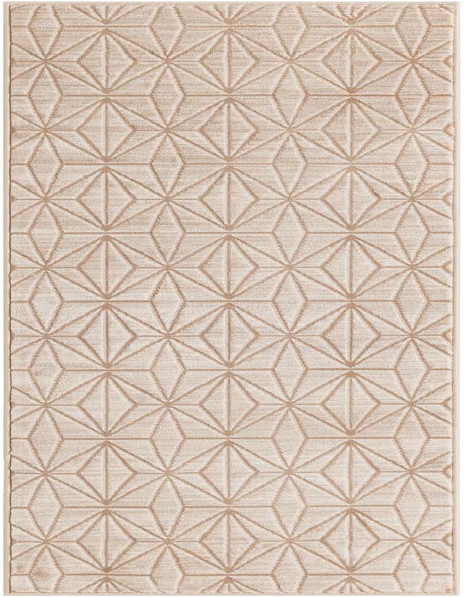 A 6 ft runner rug with a modern geometric pattern in varying shades of brown and cream, featuring a textured pile.