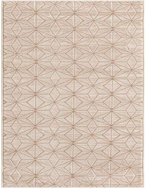 A long 8 ft runner rug with a modern geometric pattern in varying shades of brown and cream, ideal for a hallway.