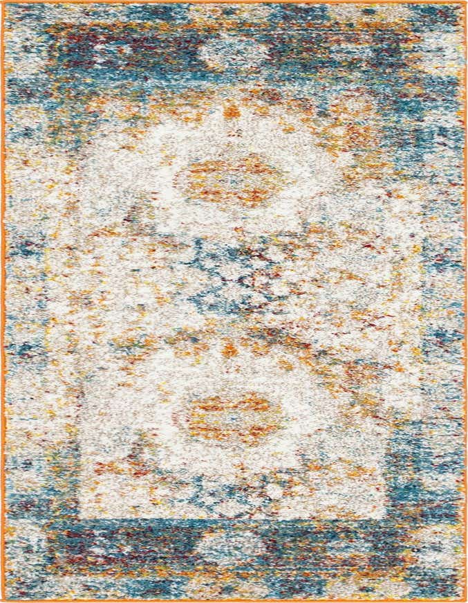 A 6 ft runner rug with a distressed medallion pattern in brown, ivory, blue, and orange tones, ideal for a hallway or kitchen.