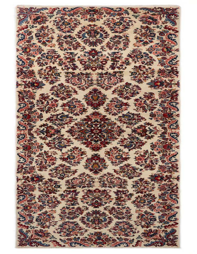 A handmade 11 ft Veramin runner rug with a traditional Persian floral pattern in red, blue, and brown on a cream background, ideal for a hallway.