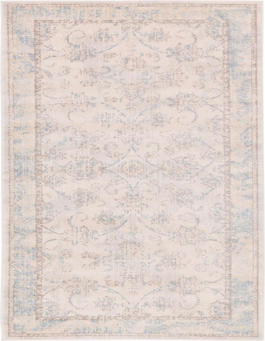 A 6 ft runner rug with a distressed traditional botanical pattern in ivory, cream, light blue, and tan, ideal for a hallway or kitchen.