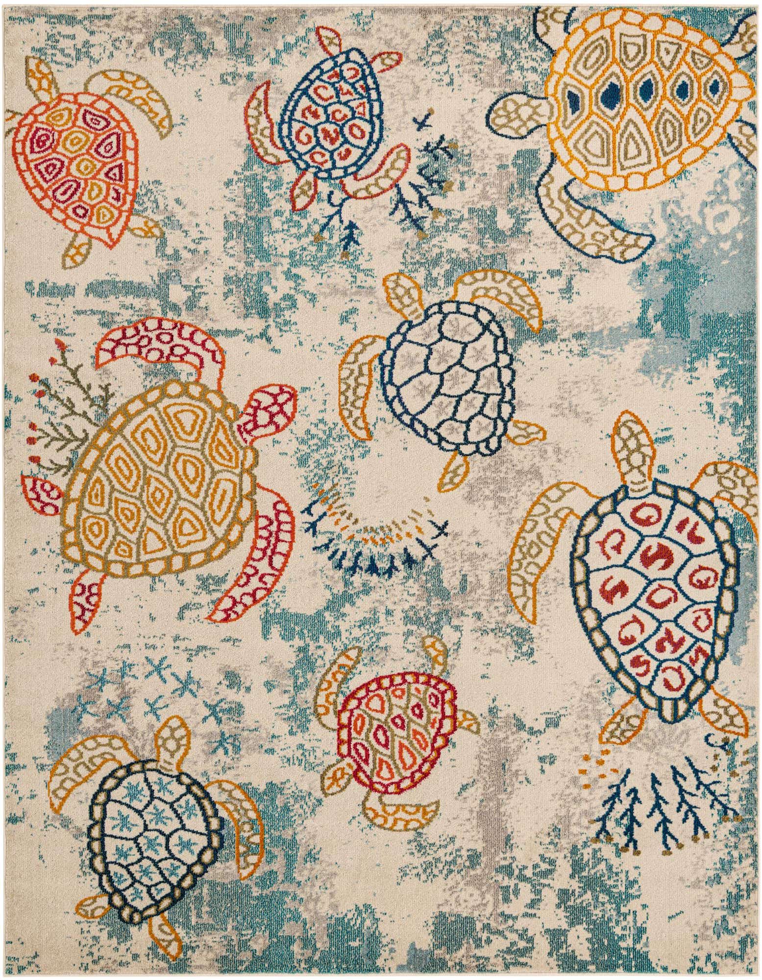 A square coastal rug featuring playful, colorful sea turtles in shades of orange, blue, and red on a cream and distressed blue background.