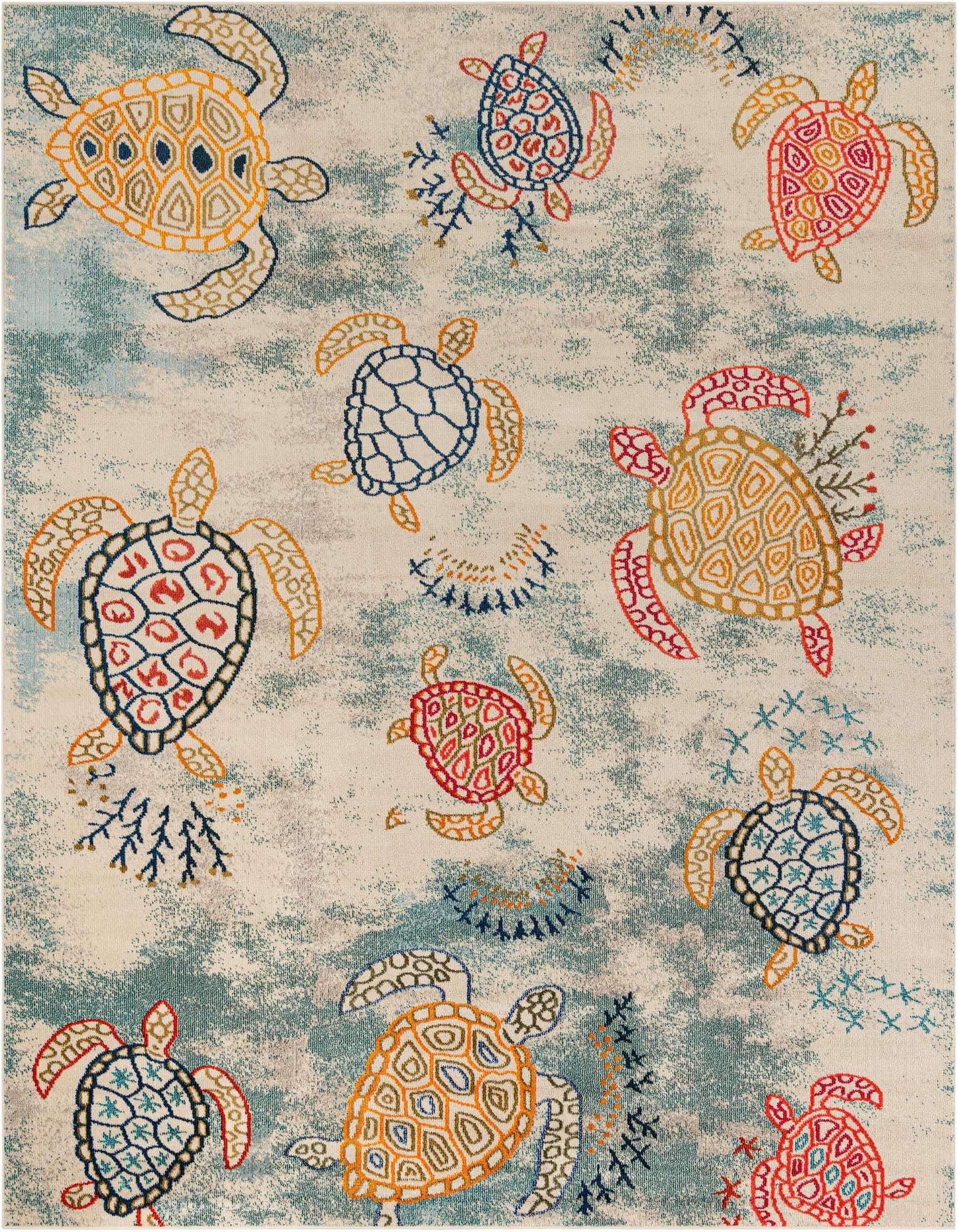 A square 10'x10' Amalfi rug features a playful coastal pattern of colorful sea turtles and coral on a cream and light blue background.