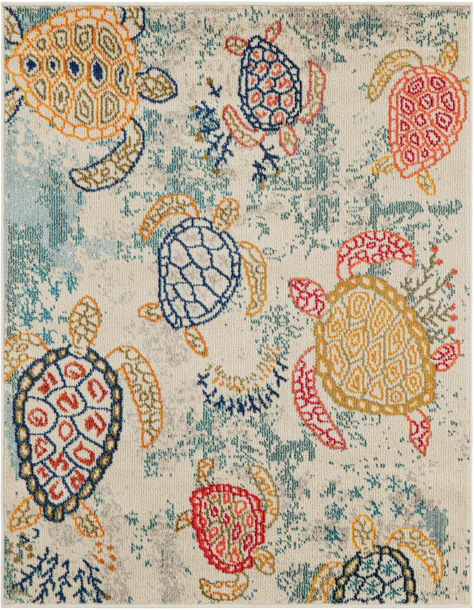 A square Rugs.com Amalfi rug featuring a playful modern pattern of colorful sea turtles and coral on a cream and blue background.