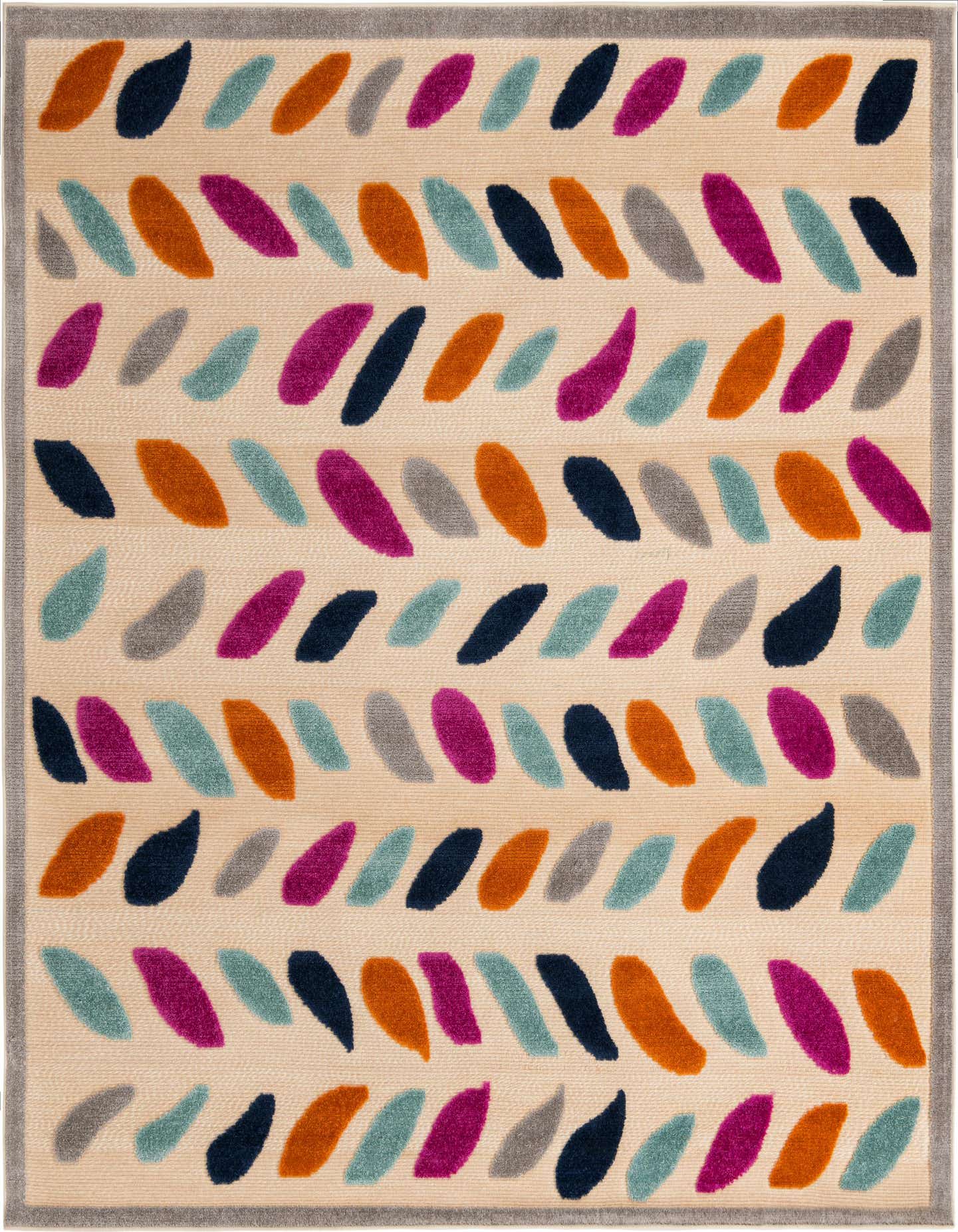 A 7' 10 x 7' 10 square outdoor rug with a cream background and a playful leaf pattern in teal, orange, navy, gray, and fuchsia, bordered by a subtle gray.