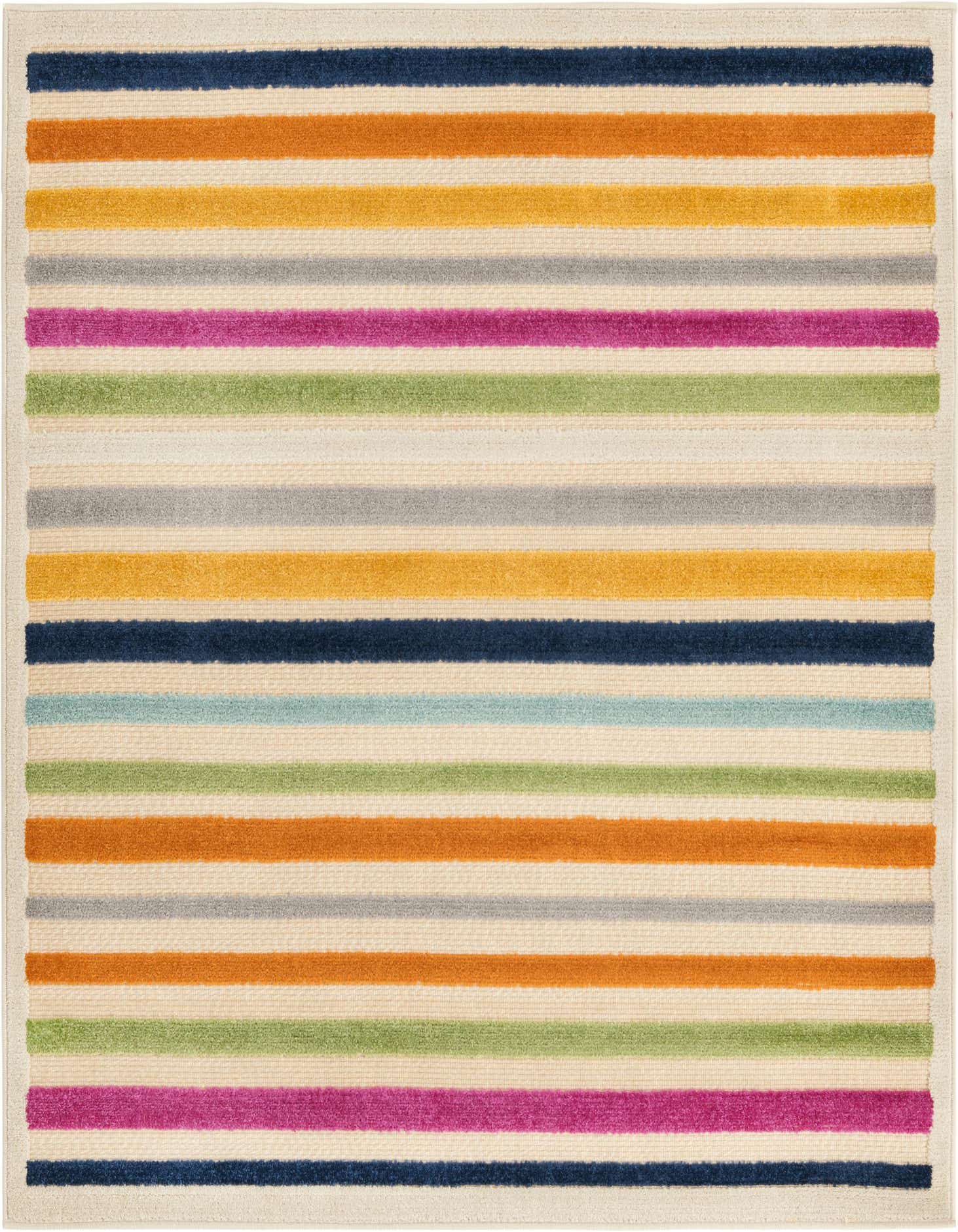 A 5' 3 x 5' 3 square rug with colorful horizontal stripes in various shades of brown, tan, ivory, blue, orange, pink, green, and gray.