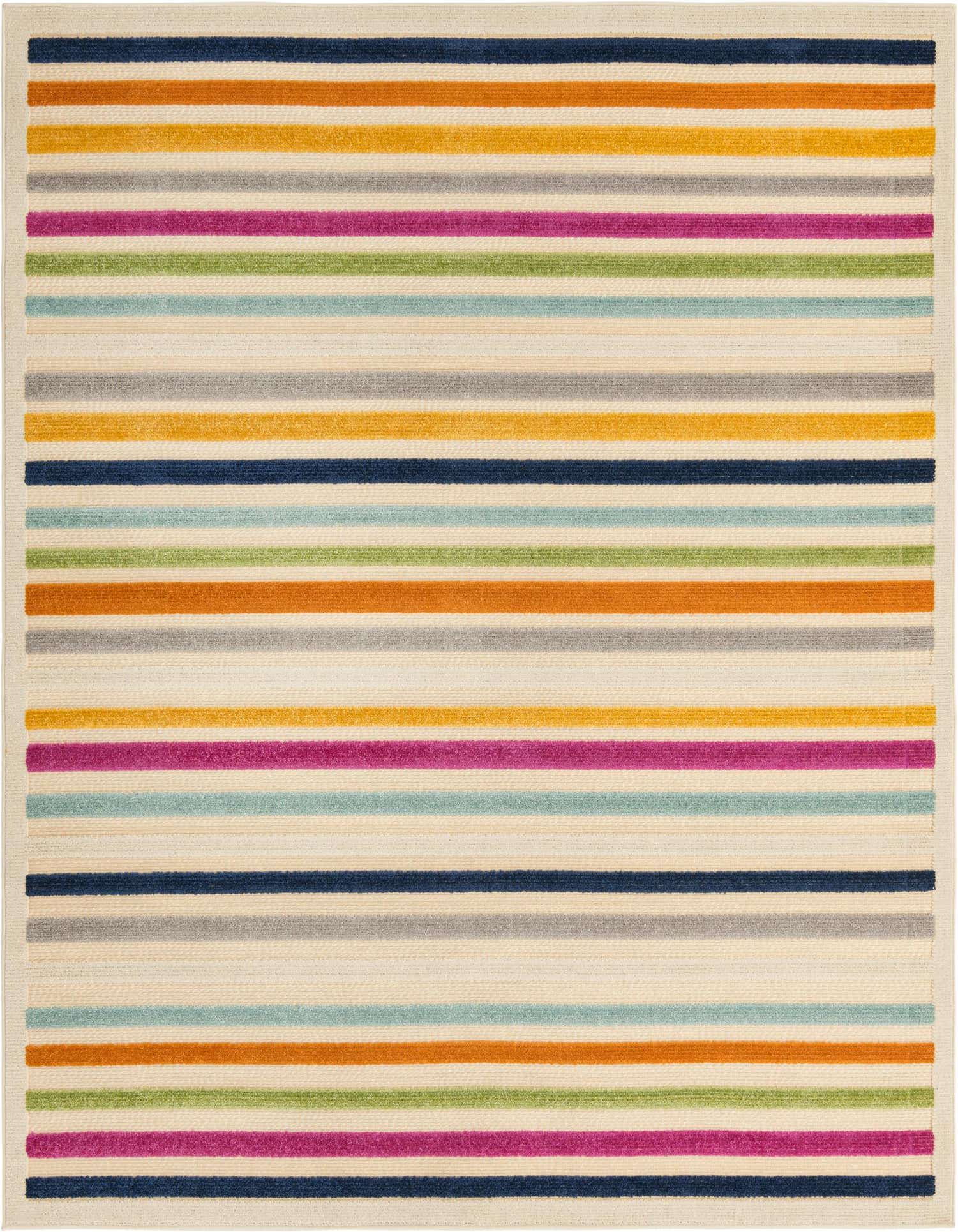 A square 7' 10 x 7' 10 Aruba Outdoor rug featuring a vibrant, multi-colored stripe pattern on an ivory background, ideal for a patio.