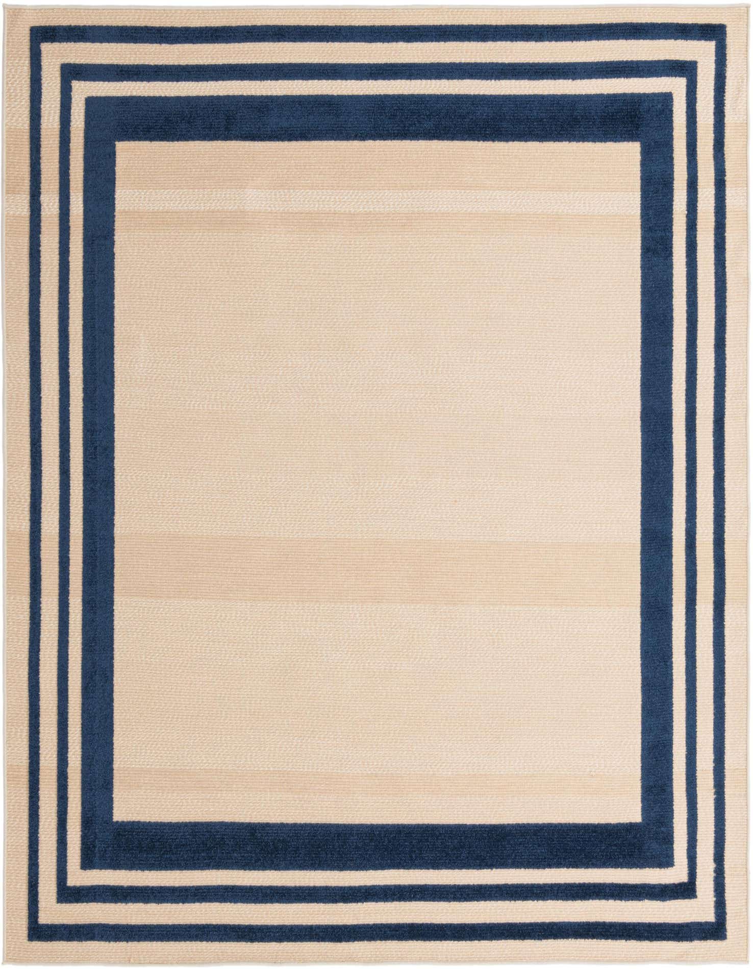 A 7' 10 x 7' 10 square Aruba Outdoor rug featuring a cream field with a bold navy blue triple border.
