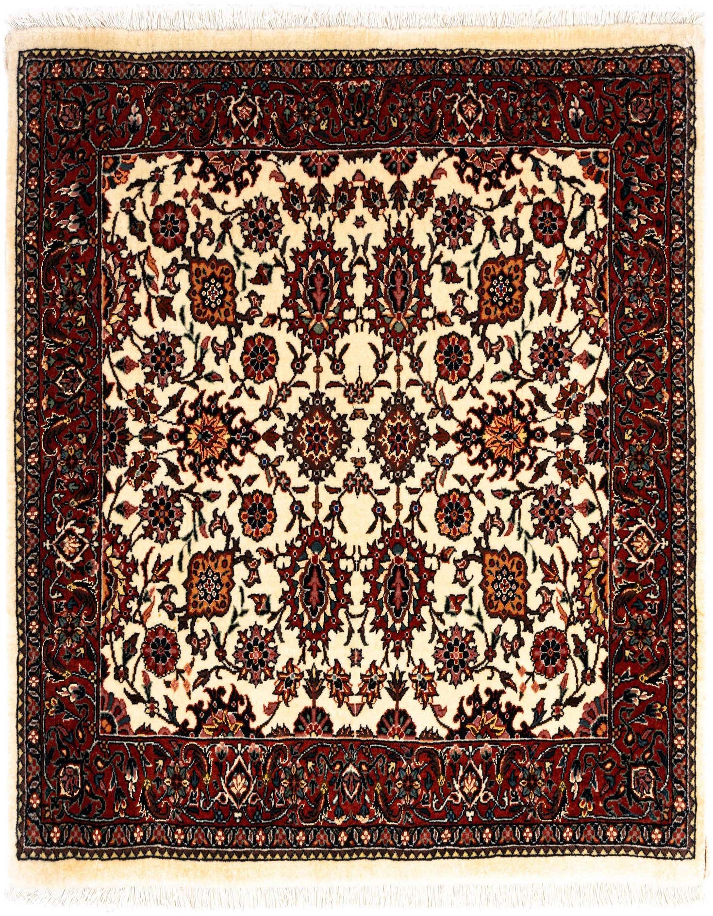 A square Bidjar wool rug featuring a cream field with intricate floral motifs in shades of brown and tan, framed by a rich red border.