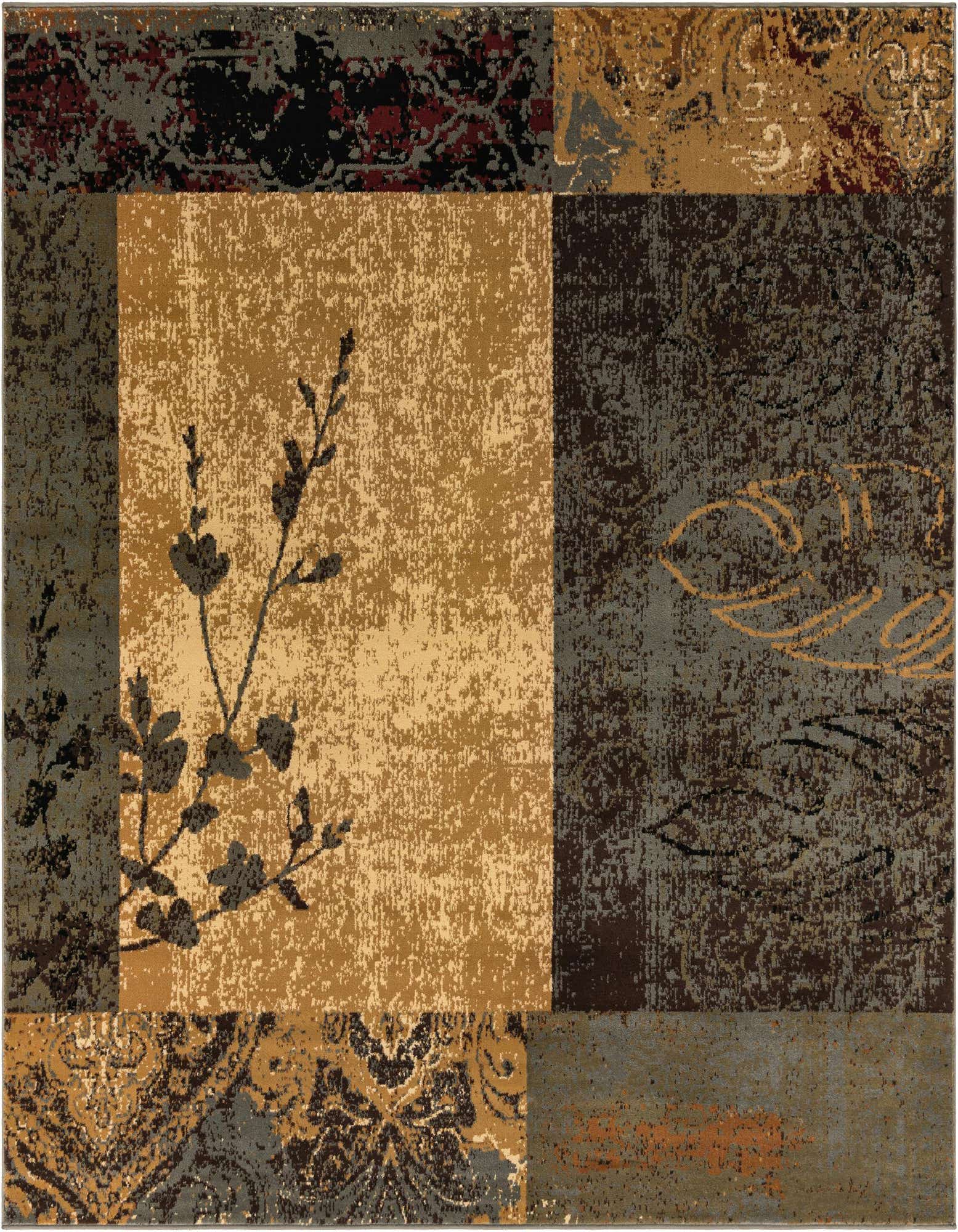 A square Cafe Collection rug from Rugs.com featuring a contemporary patchwork design in browns, tans, and ivories with floral and abstract patterns.