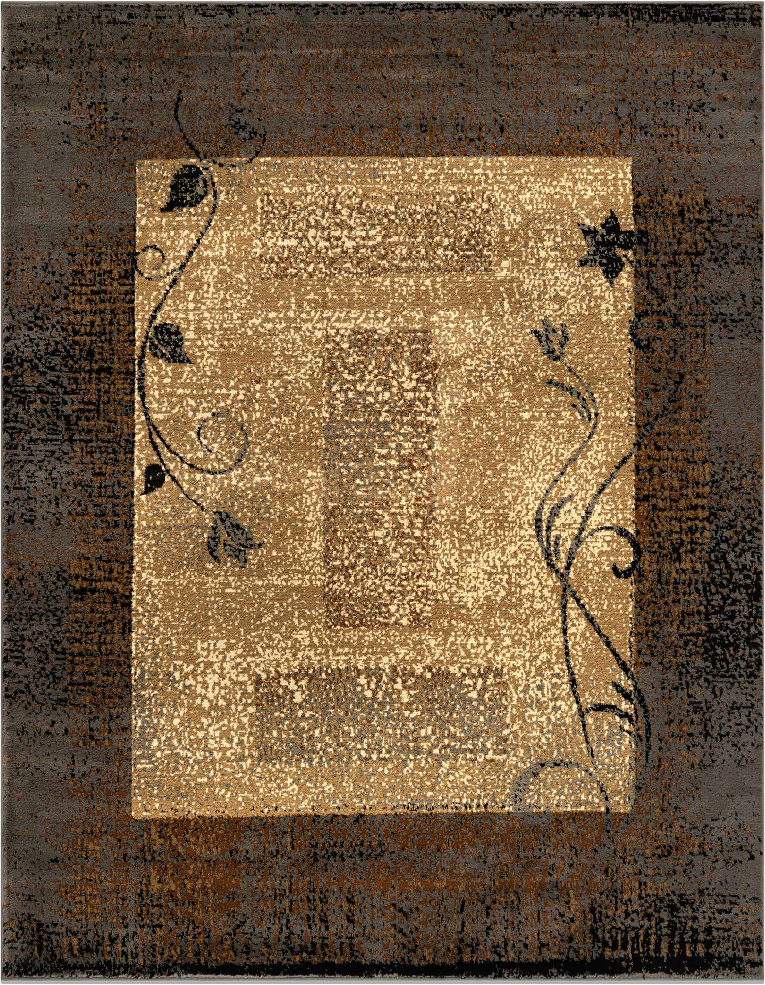 A 7x7 square Cafe Collection rug featuring a tan and cream center with dark brown floral vines, bordered by a distressed dark brown and black pattern.