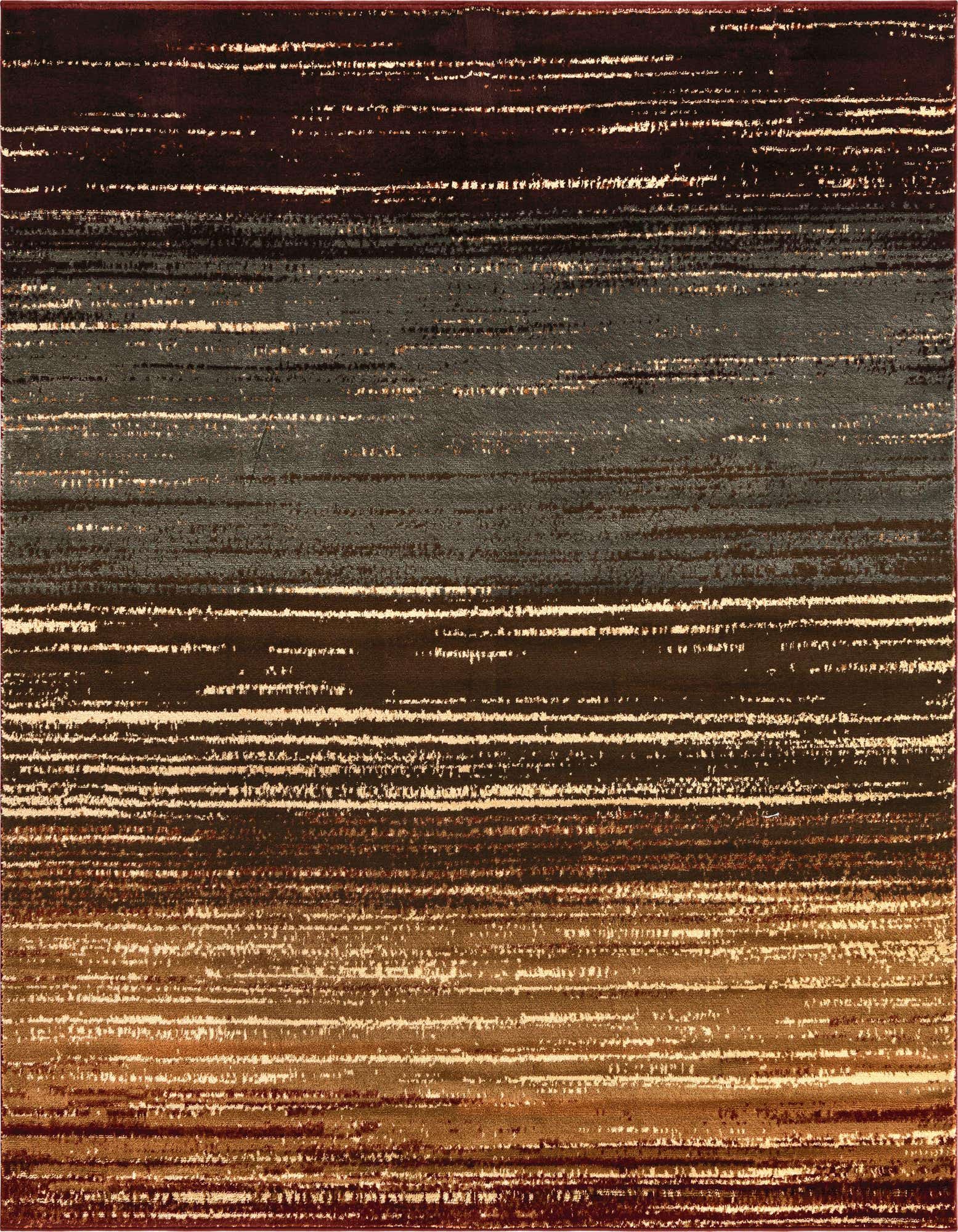 A square area rug featuring an eclectic stripe pattern with horizontal bands of browns, tans, creams, and dark gray.