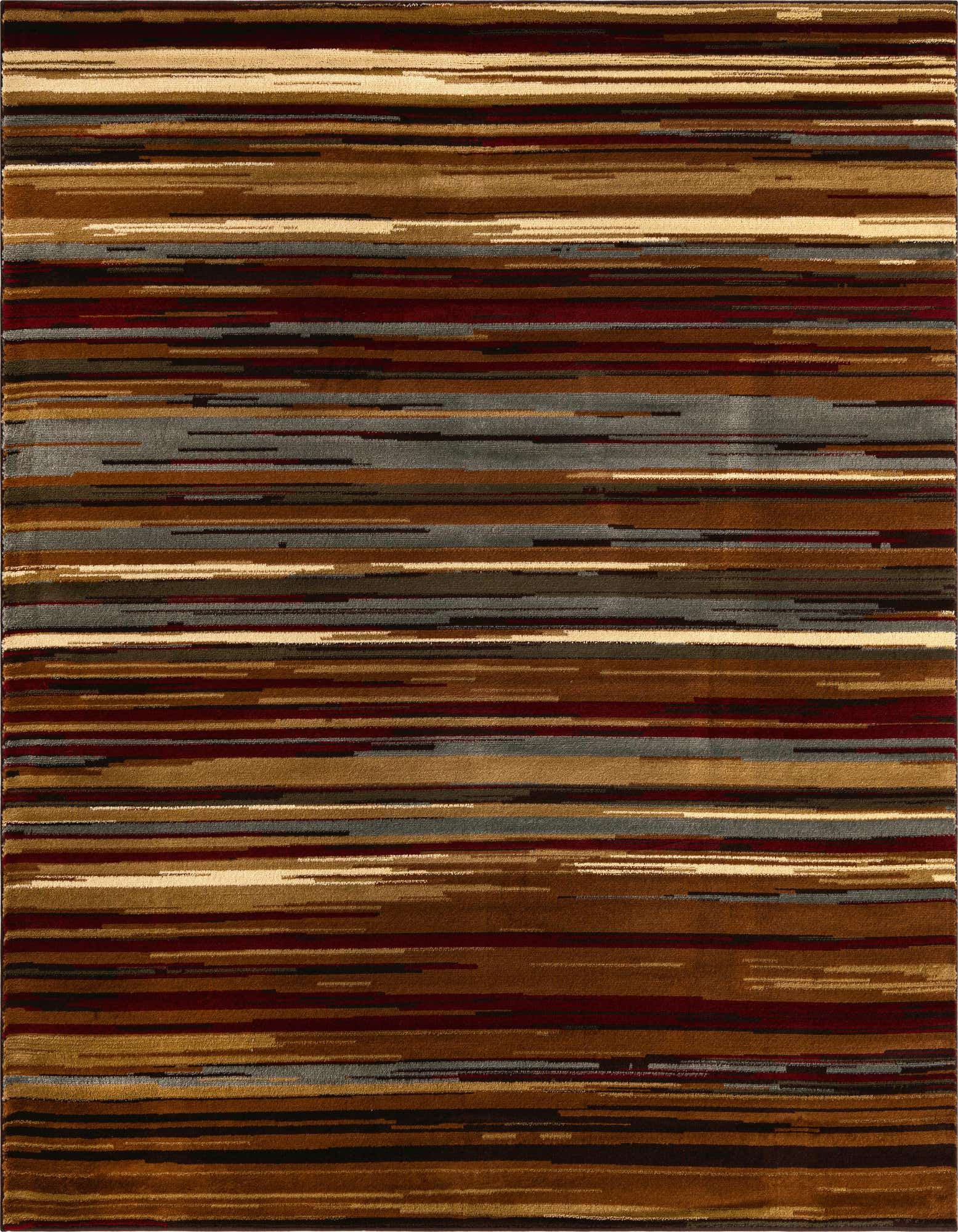 A 7x7 square rug featuring an eclectic stripe pattern in shades of brown, tan, cream, and hints of grey.
