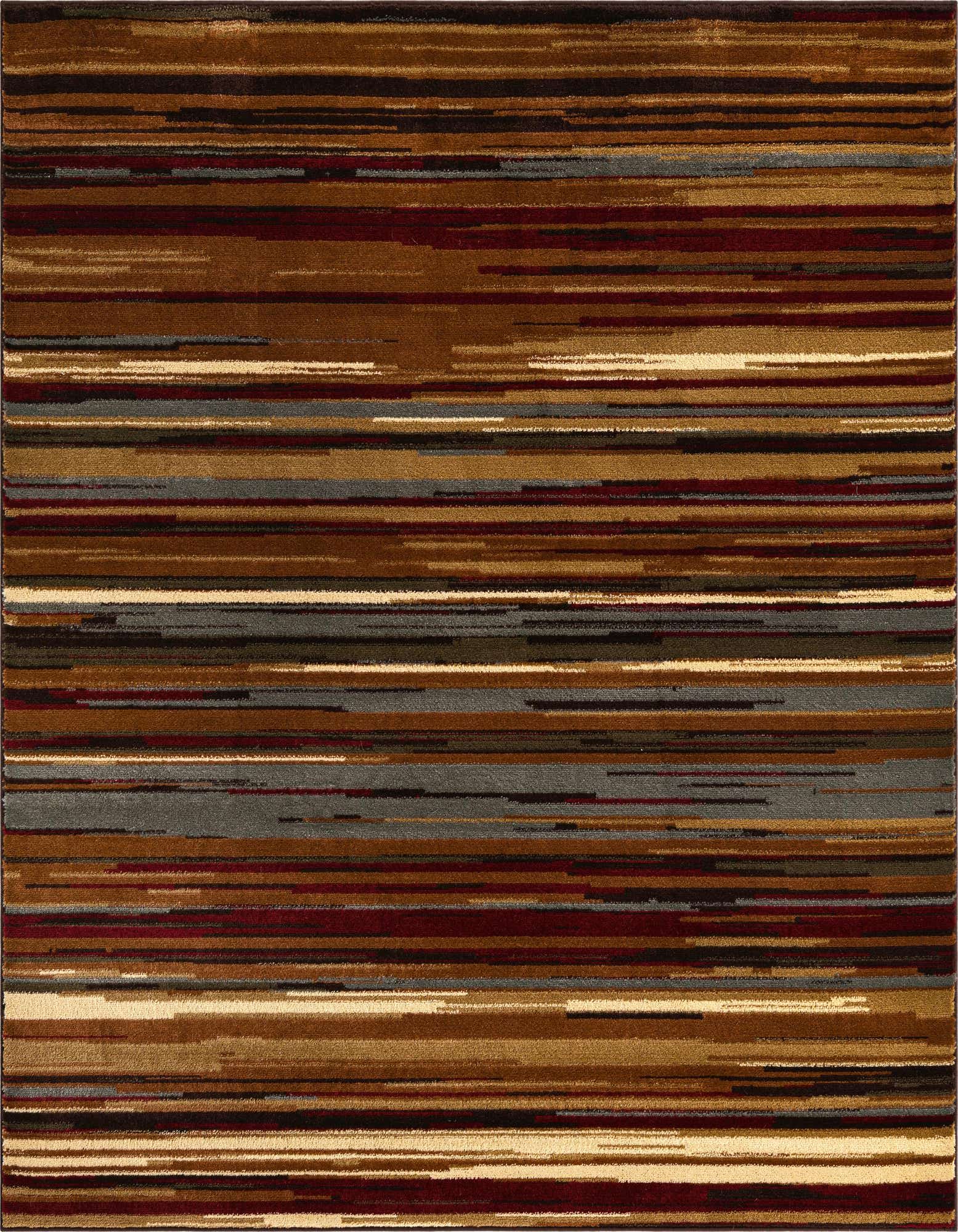 A square area rug featuring a modern stripe pattern in varying shades of brown, tan, cream, and hints of grey and burgundy.