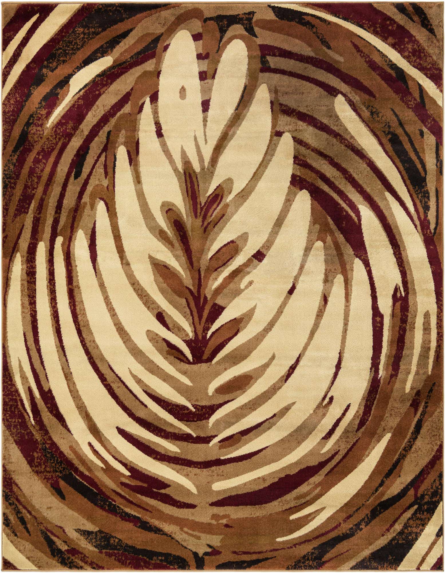 A square modern rug with a large central leaf-like medallion in ivory and tan, surrounded by swirling brown and burgundy brushstrokes.